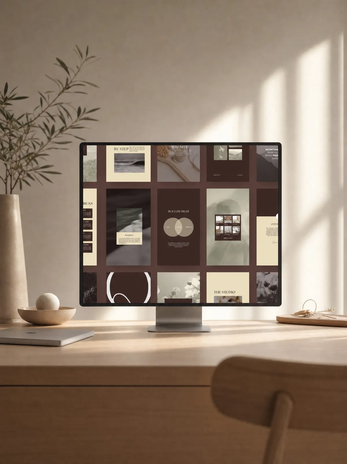 Ava Vae Instagram templates shown on a desktop screen in a warm studio