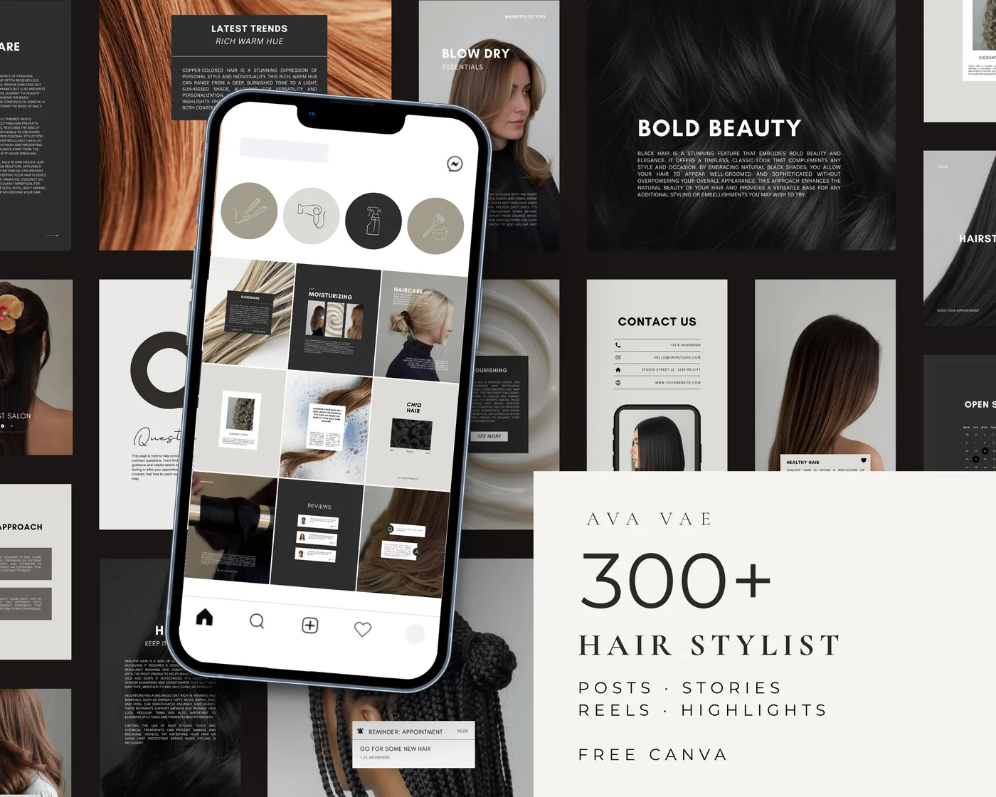 Hair Salon Instagram Bundle, Luxury style, template preview