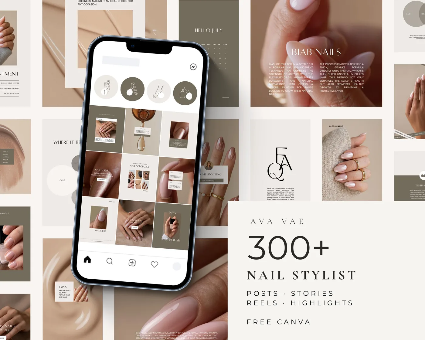 Nail Salon Instagram Bundle, Aesthetic style, template preview